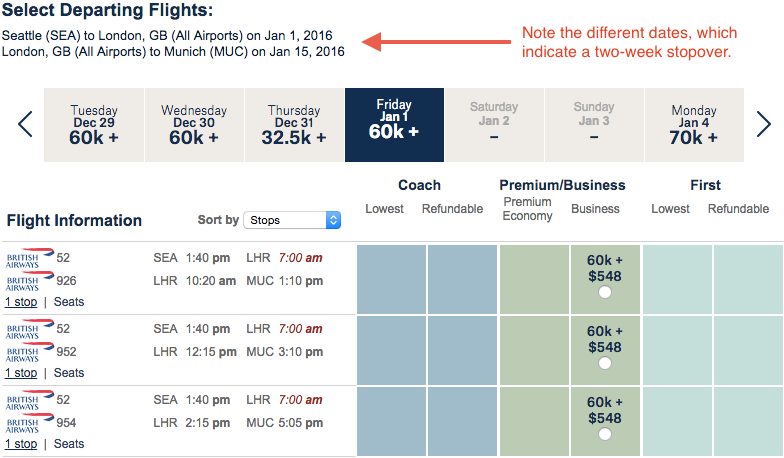 Results from a multi-city search indicate two flights for the same number of miles, but note that there is a two-week stopover between each leg.