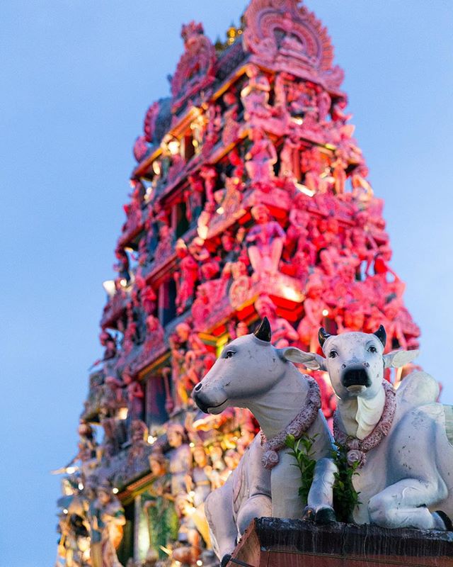 This is a photo of a statue of two goats in front of a larger, red statue with carvings on it.