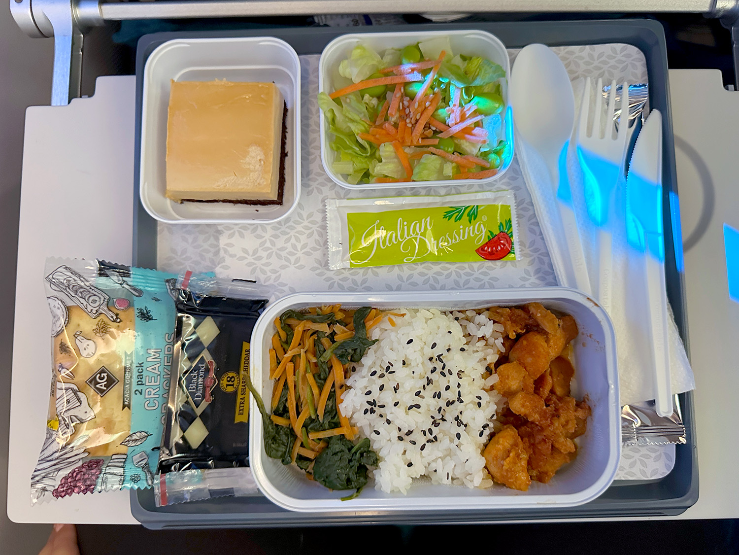 The author's dinner meal while seated in Extra Comfort.