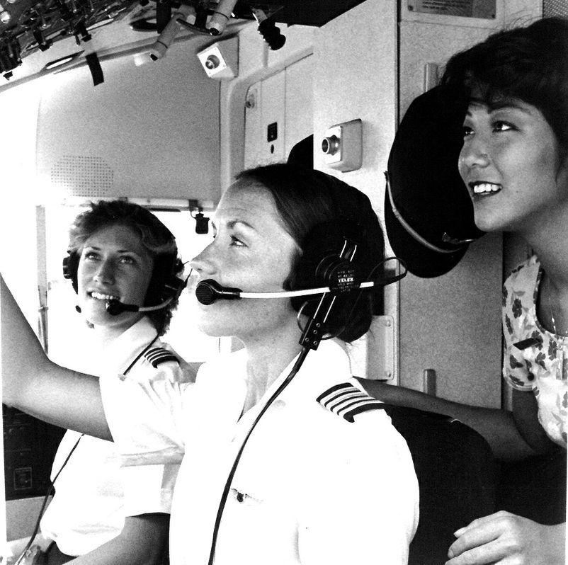 L to R: First Officer Karen Squyers, Captain Sharyn Emminger, and flight attendant Trude Asada crewed a Short SD-330 aircraft carrying guests from Honolulu to Moloka‘i. 1979-the-first-all-female-crew