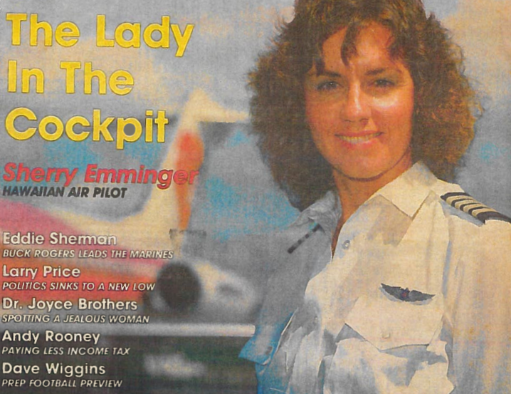 Sherry Emminger featured on the cover of Midweek, a Hawai‘i-based weekly newspaper, from 1984. 1984 Sherry