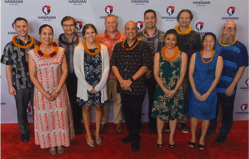 Ng, pictured bottom row, far right, at the 2019 Hawaiian Airlines Employee Recognition Banquet, where she joined her classmates from Ke Kumu Papa ʻŌlelo to open the event with a special oli. 20190117_HA_Employee_Recognition_Banquet