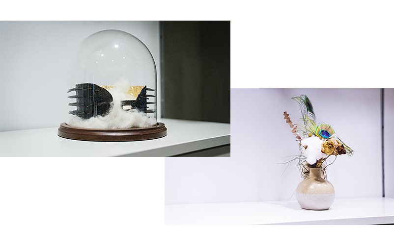 Amaka's artwork featured inside the Juneteenth reflection space, including a gilded slave collar and a bouquet of cotton, dried flowers and peacock feathers Artwork