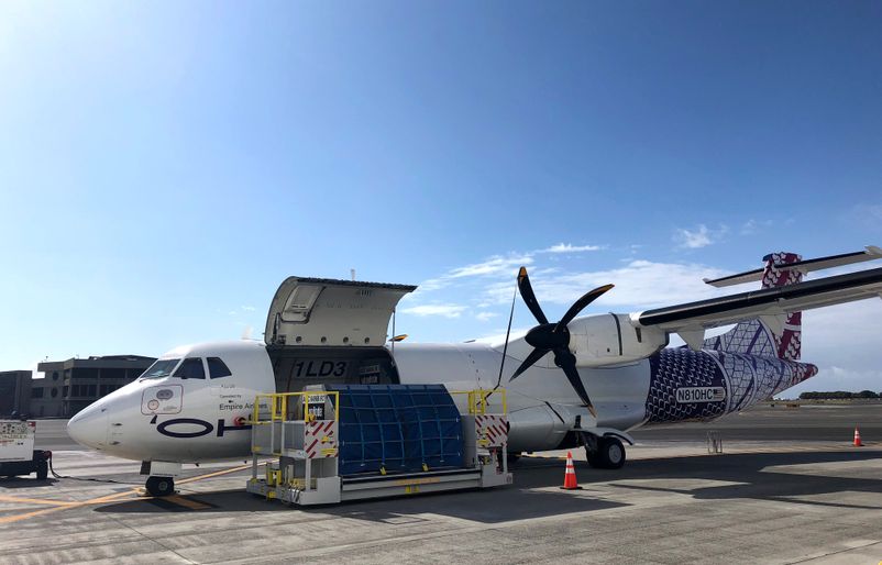 Our new ATR72 turboprop freighter being loaded with boxes of donated materials ATR72 Being Loaded with Donations