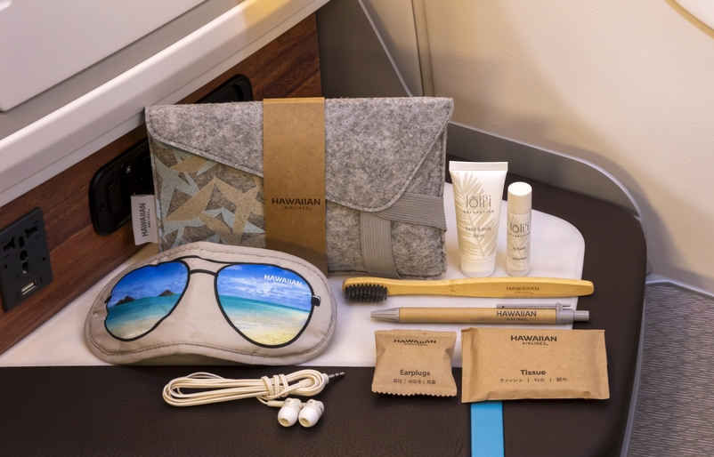 Hawaiian Airlines & Noho Home Extra Comfort amenity kit features the Lele design ExCo kit