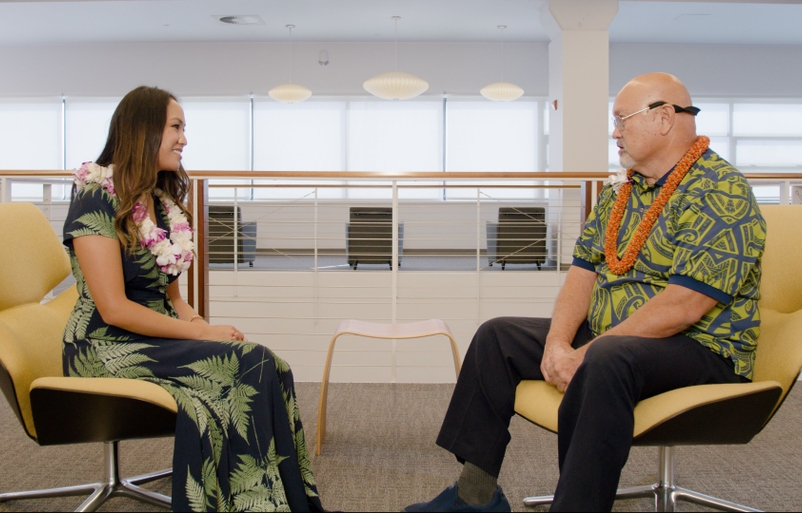 Kahoʻohanohano interviewing Ryan Roback, a manager at Hawaiian's System Operations Control Center and fellow ʻōlelo Hawaiʻi speaker, during the production of a mahina ʻōlelo Hawaiʻi video series, which is available for viewing on our Instagram (@HawaiianAirlines). IMG_1625