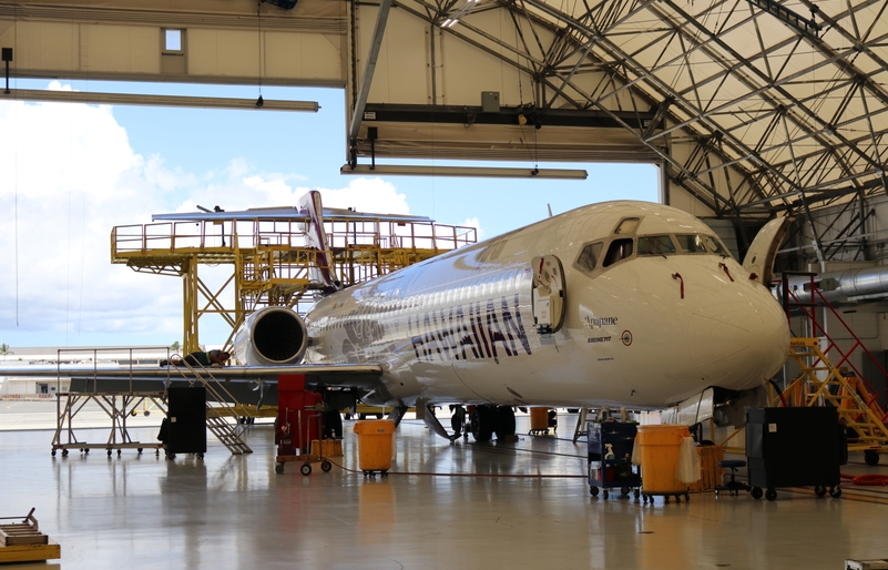 A Boeing 717 undergoing routine service during a sunny day at HNL. Our 717s are rotating through our reduced Neighbor Island schedule to allow for regular maintenance on each aircraft. IMG_3475