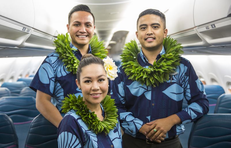 In April 2018, Hawaiian tested ‘ōlelo Hawai‘i on four flights between Honolulu and Hilo at the start of the annual Merrie Monarch Festival. ‘Ōlelo Hawai‘i flights are an extension of the airline’s commitment to honor and share our Islands’ unique culture with guests visiting Hawai‘i. L to R: Hawaiian Airlines Flight Attendants Kainoa McGill, Kamyl Burrows and Punahele Kealanahele-Querubin. L to R: Hawaiian Airlines Flight Attendants Kainoa McGill, Kamyl Burrows and Punahele Kealanahele-Querubin