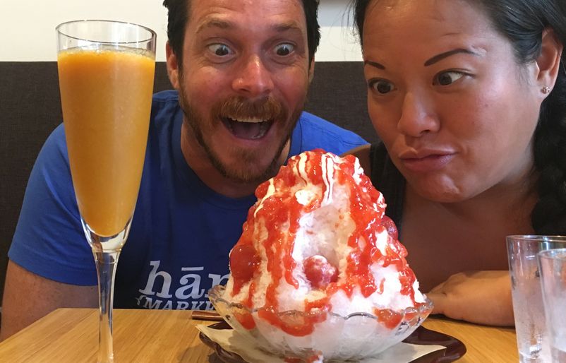 Me and my husband Lyle indulging in Hokkaido cherry tomato shave ice LW2