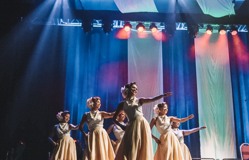Hula dancers on stage during the Hawaiian Airlines May Day 2019 concert. This year, artists will perform remotely from their homes due to social distancing requirements. May Day Concert 2019 - 2