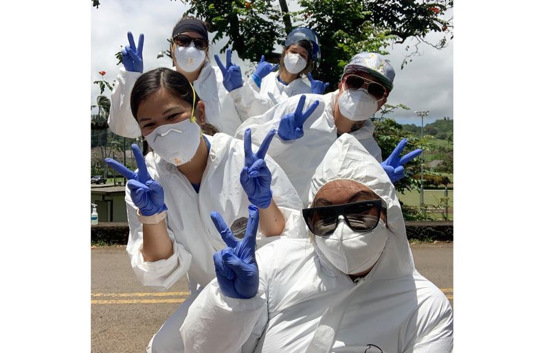 PMGH staff donning their PPE and taking a selfie while overseeing a pop-up COVID-19 testing site in Hana, Maui. PPE PMGH