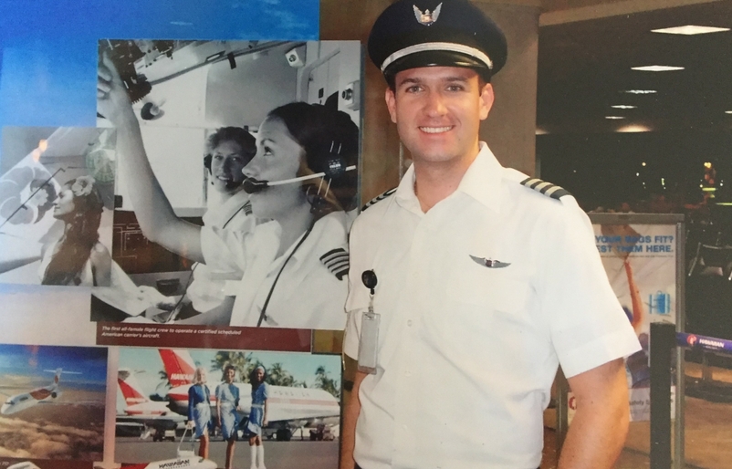 In 2010, Reid checked off his second year of flying with Hawaiian Airlines. Prior to one of his flights that year, photos from throughout our history were displayed at the Daniel K. Inouye International Airport, including a photo of mother Sherry Emminger. Reid Emminger Young5_201909250041