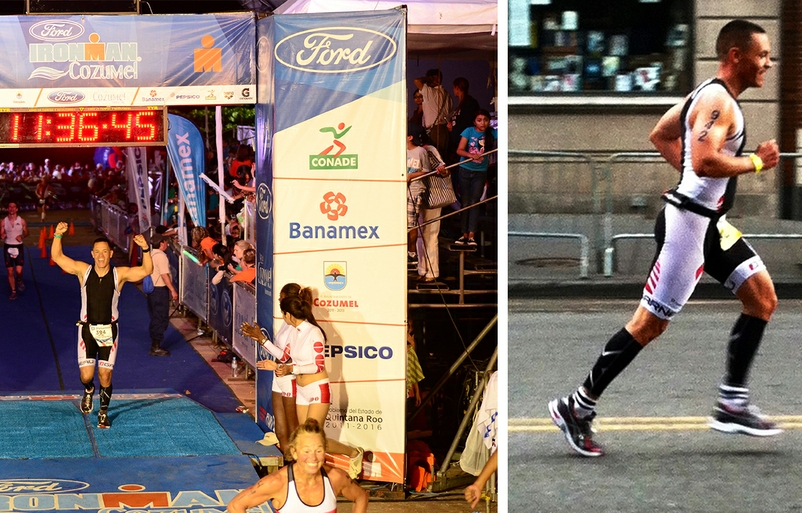 Sorensen pictured while competing in the Ironman Triathlon in Cozumel, Mexico, in 2012 (left) and the New York City Triathlon in 2014 (right). Rob1