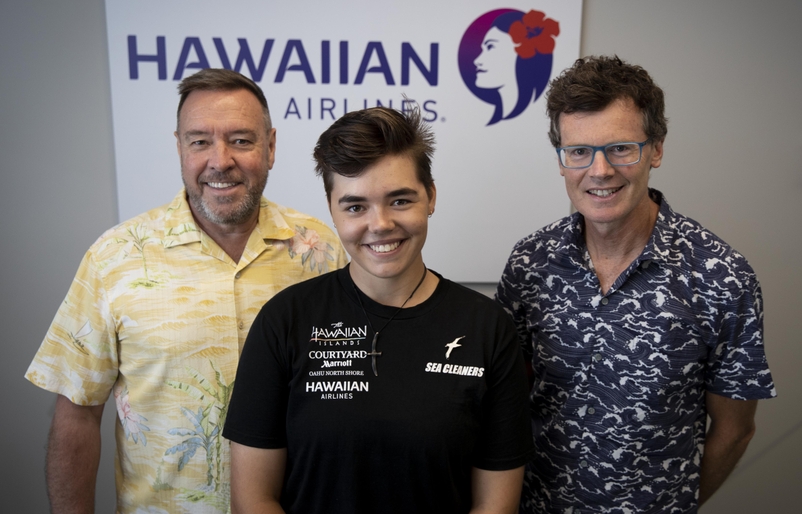 Pictured L to R: Russell Williss of Hawaiian Airlines, Charlie Thomas, and Darragh Walshe of Hawai‘i Tourism Oceania. Rusty Charlie Darragh