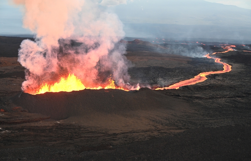 This image, taken during an early morning overflight on Dec. 5, shows Mauna Loa's Northeast Rift Zone fissure 3 vent and lava channel. Fountain heights of 130 feet (40 meters), with bursts over 330 feet (100m) were measured by the Hawaiian Volcano Observatory. USGS3